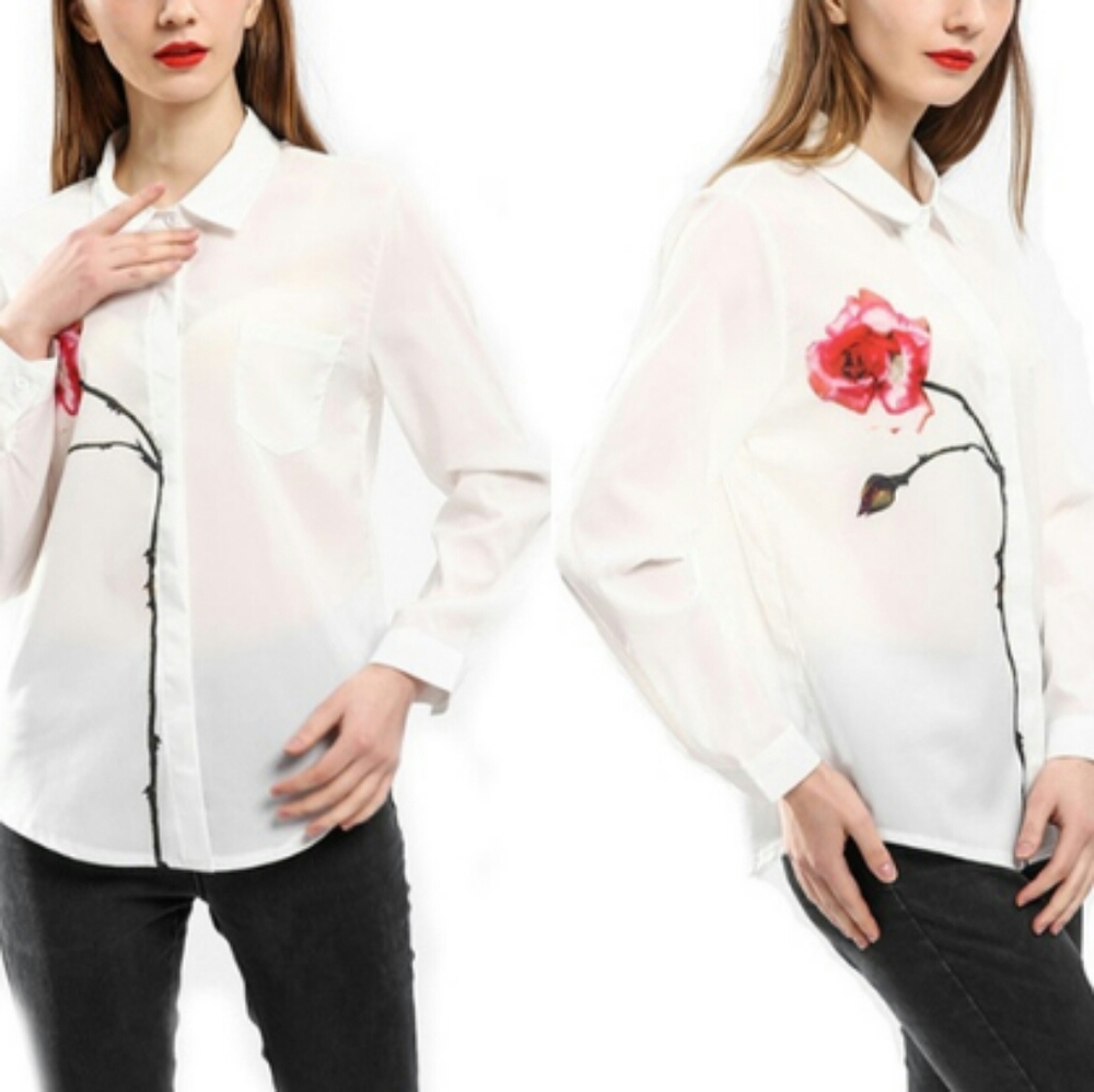 White chiffon button up rose pattern
